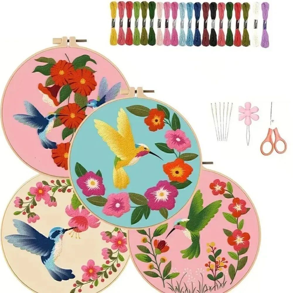 4 Sets Hummingbird Embroidery Kits for Beginners and Kids Includes All Supplies